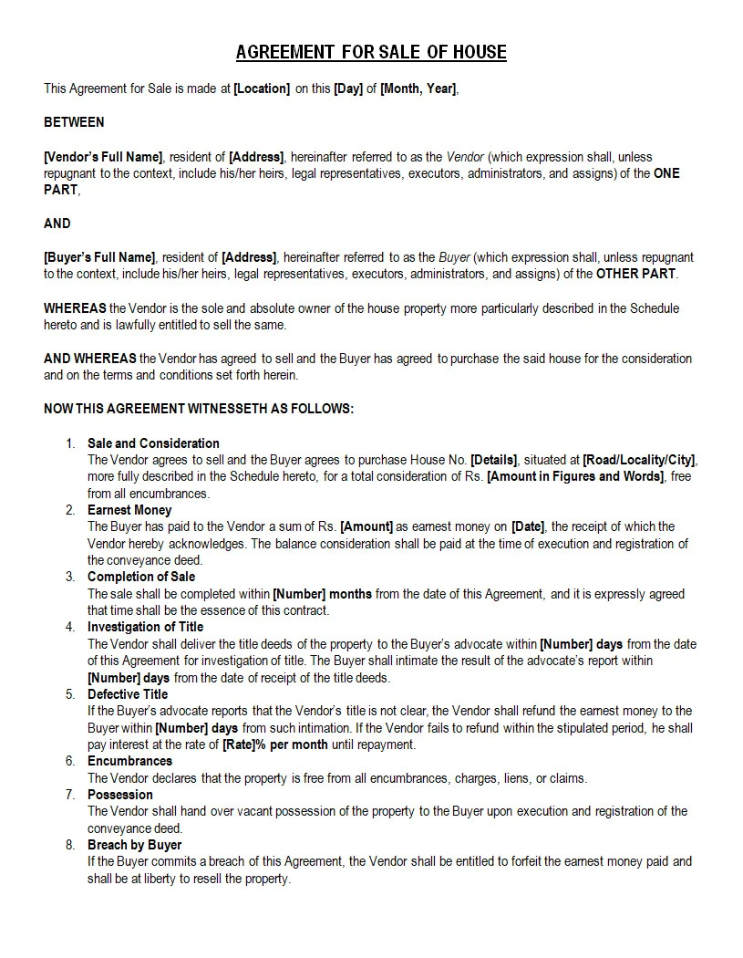 House Purchase Agreement Template Word