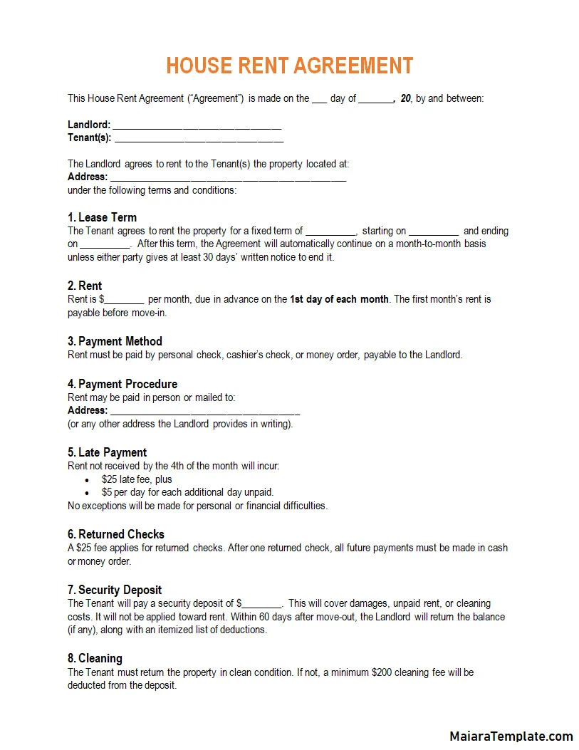 Free House Rent Agreement Template Word