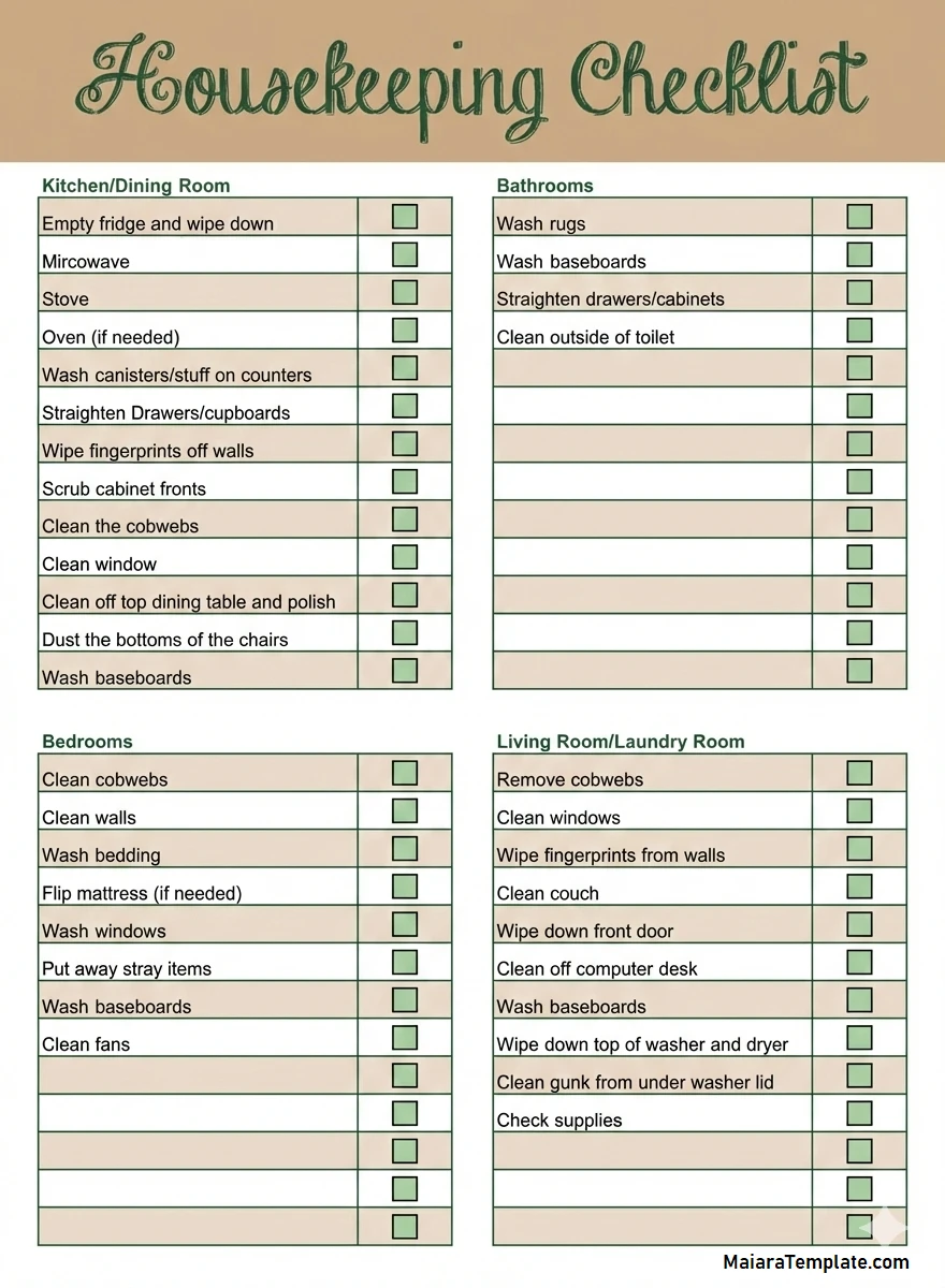 Simple Housekeeper Checklist Template