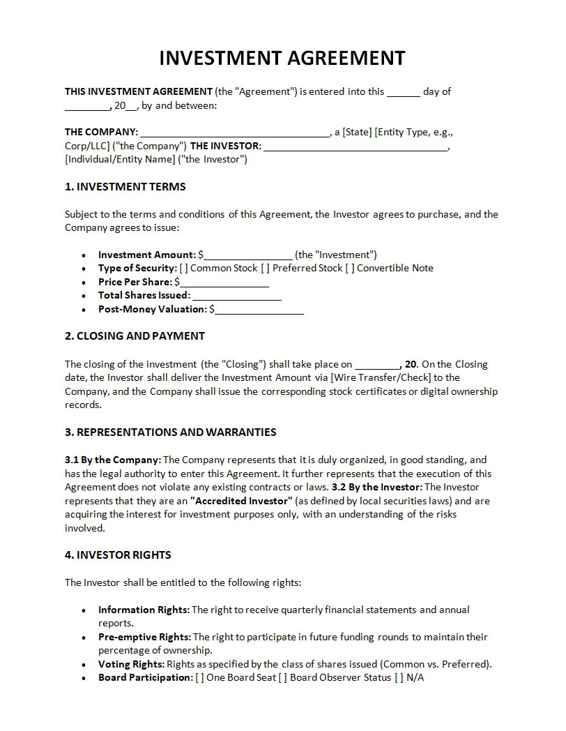 Investment Agreement Template Word