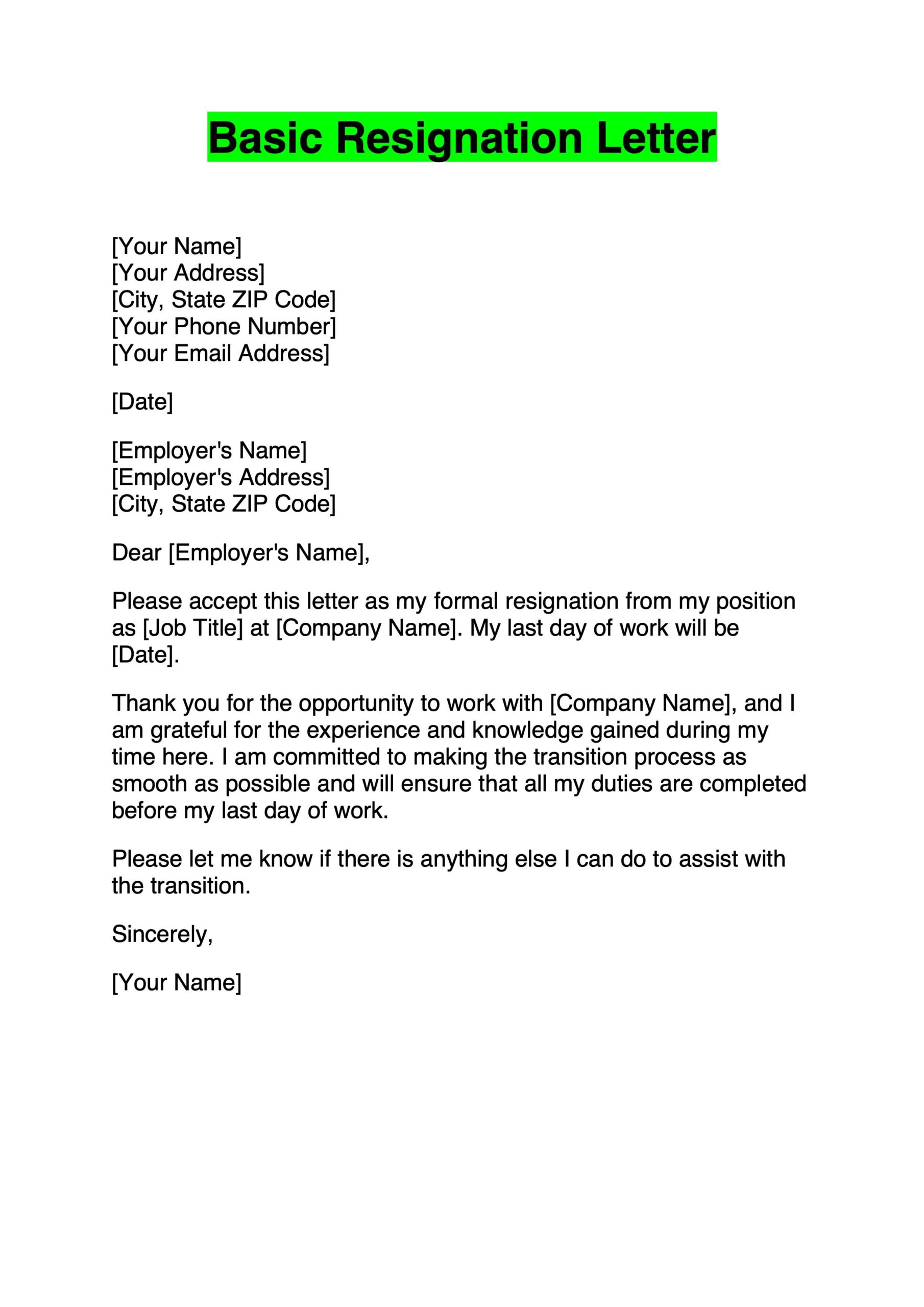 Job Resignation Letter Template