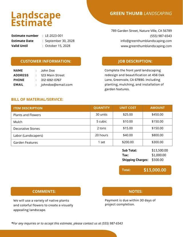 Landscape Estimate Template Landscape Estimate Template