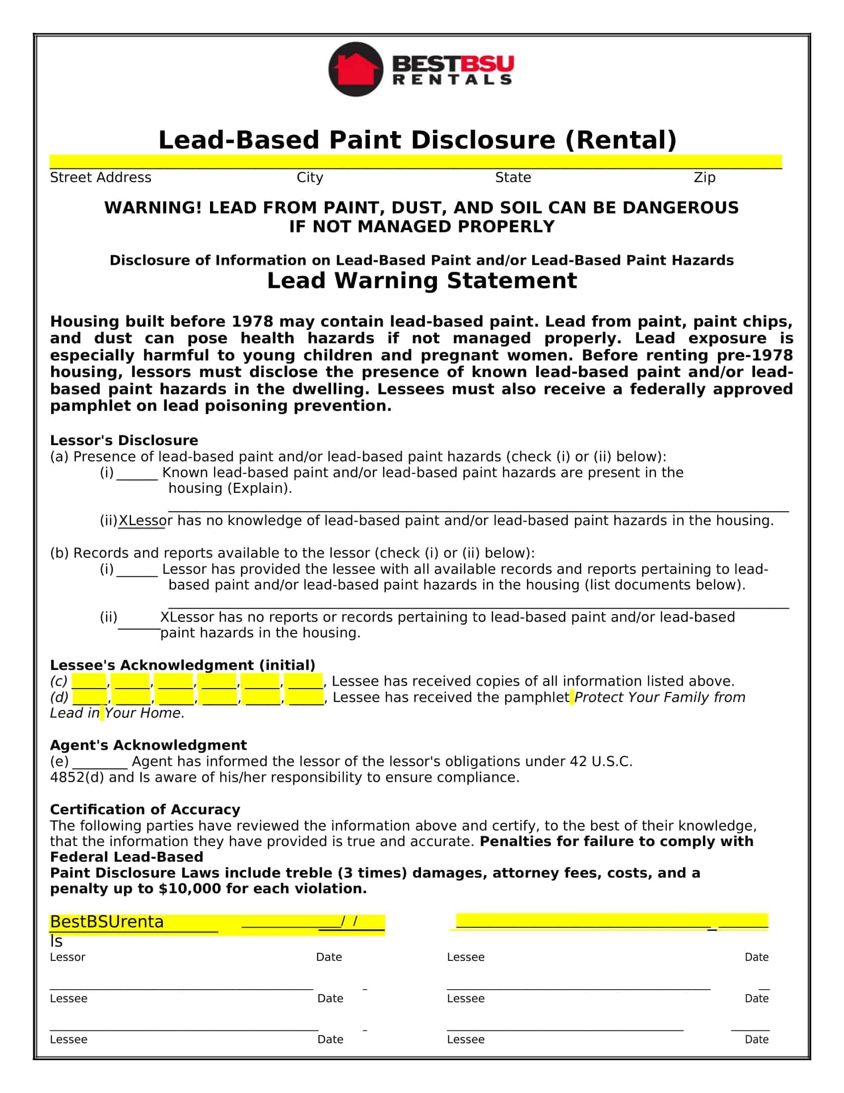 Lead-Based Paint Disclosure Form Lead-Based Paint Disclosure Form