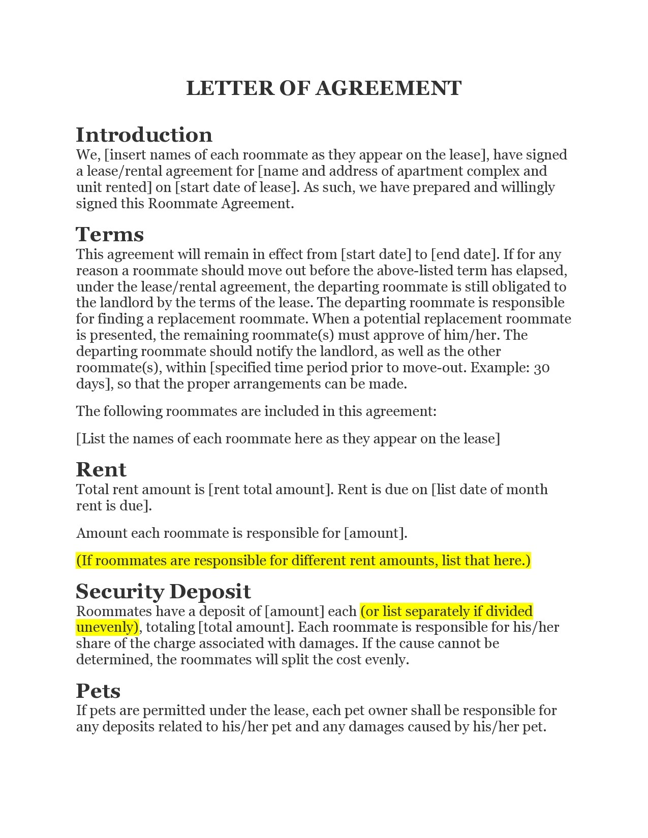 Letter of Agreement Template Example Letter of Agreement Template Example