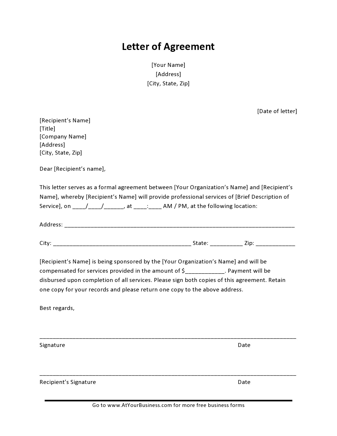 Letter of Agreement Template Sample Letter of Agreement Template Sample