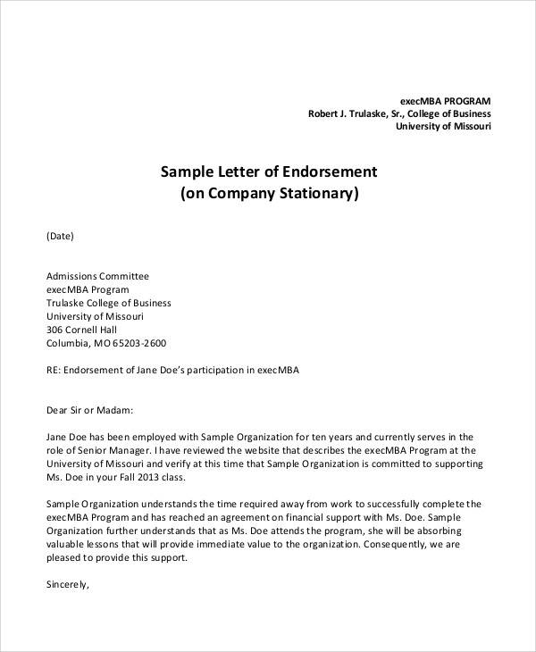 Letter of Endorsement Template Letter of Endorsement Template