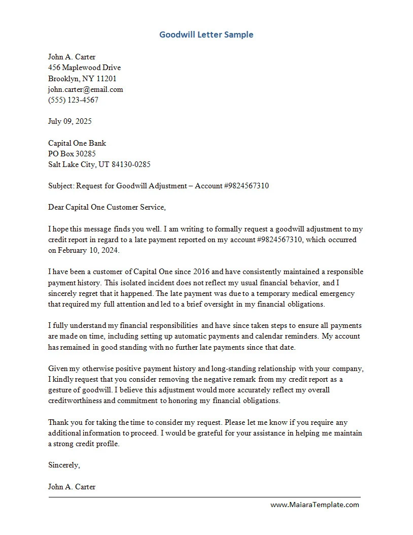 Letter of Goodwill Template Word