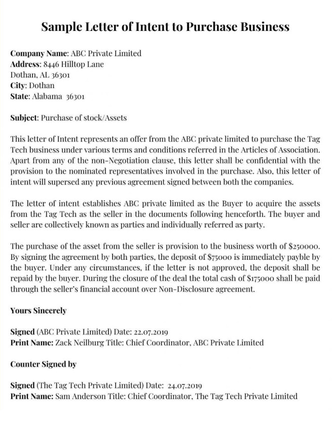 Letter of Intent to Purchase a Business Example Letter of Intent to Purchase a Business Example