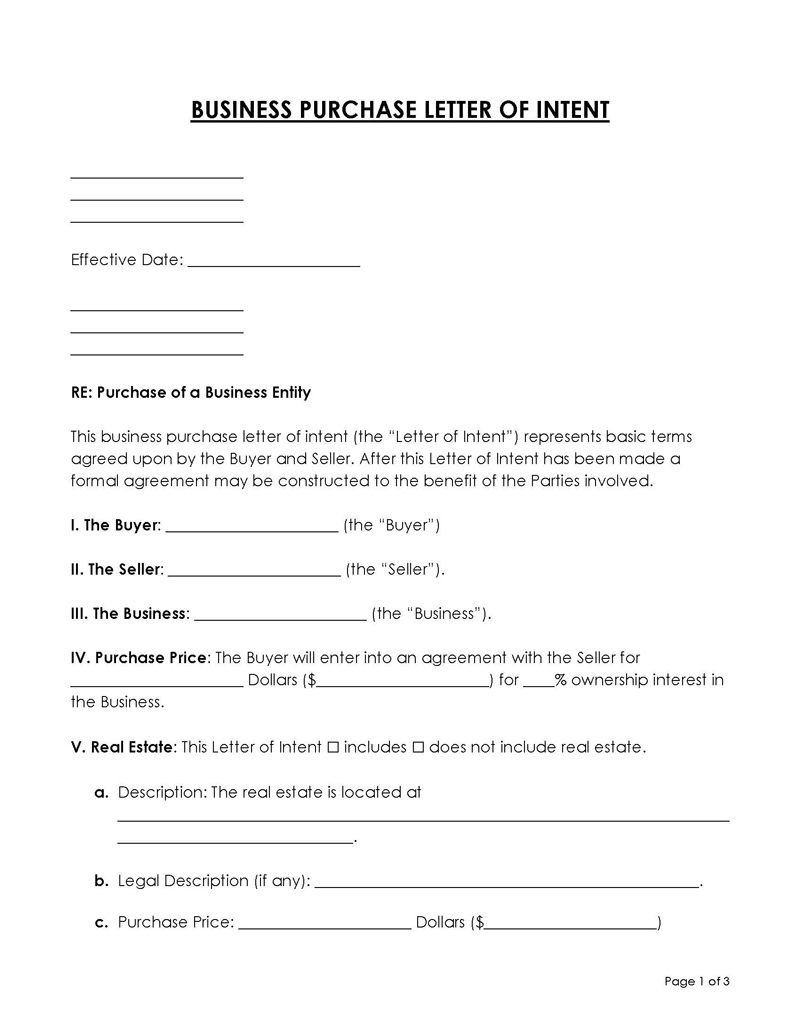 Letter of Intent to Purchase a Business Letter of Intent to Purchase a Business