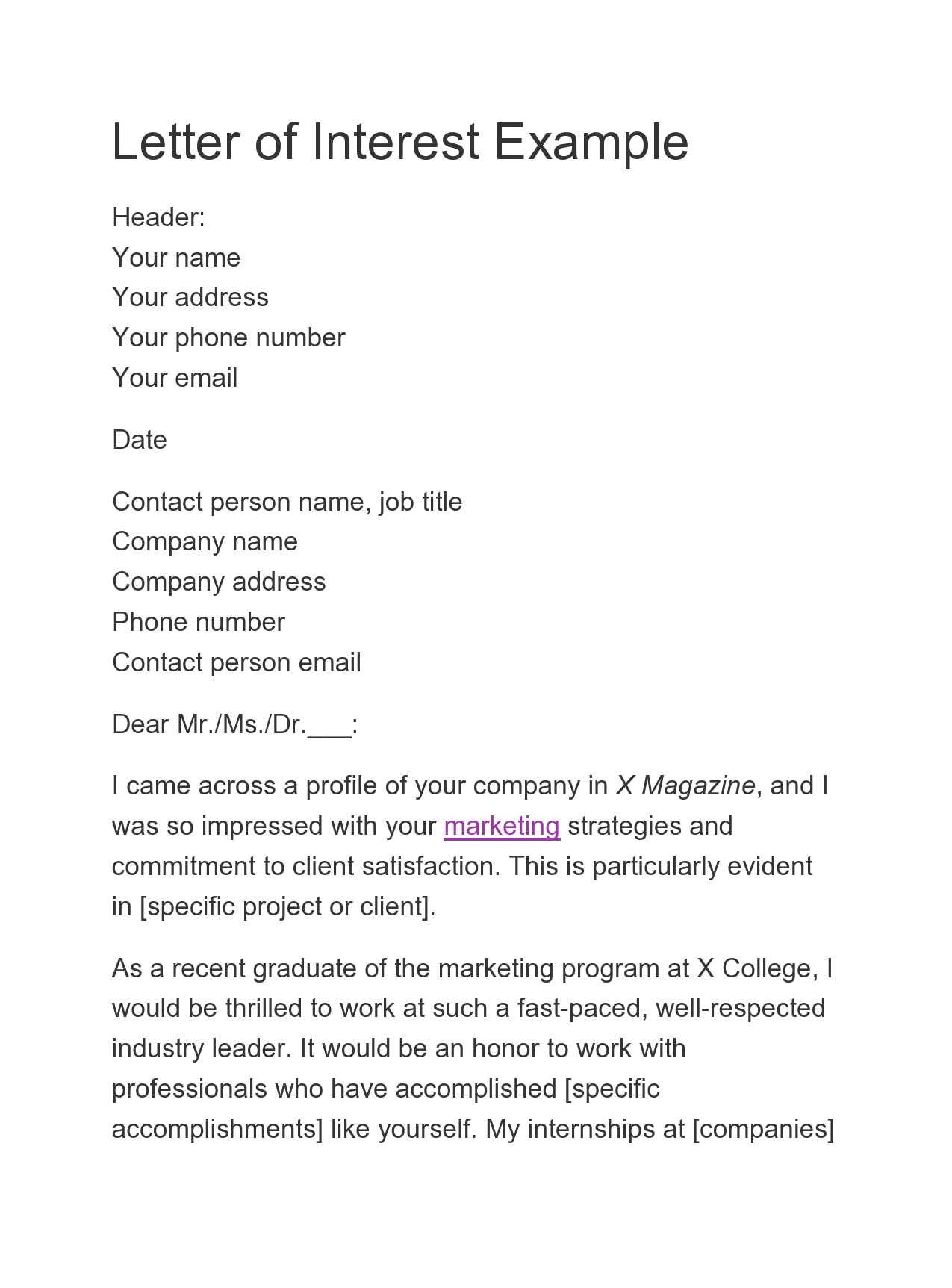 Letter of Interest for a Job Template Example