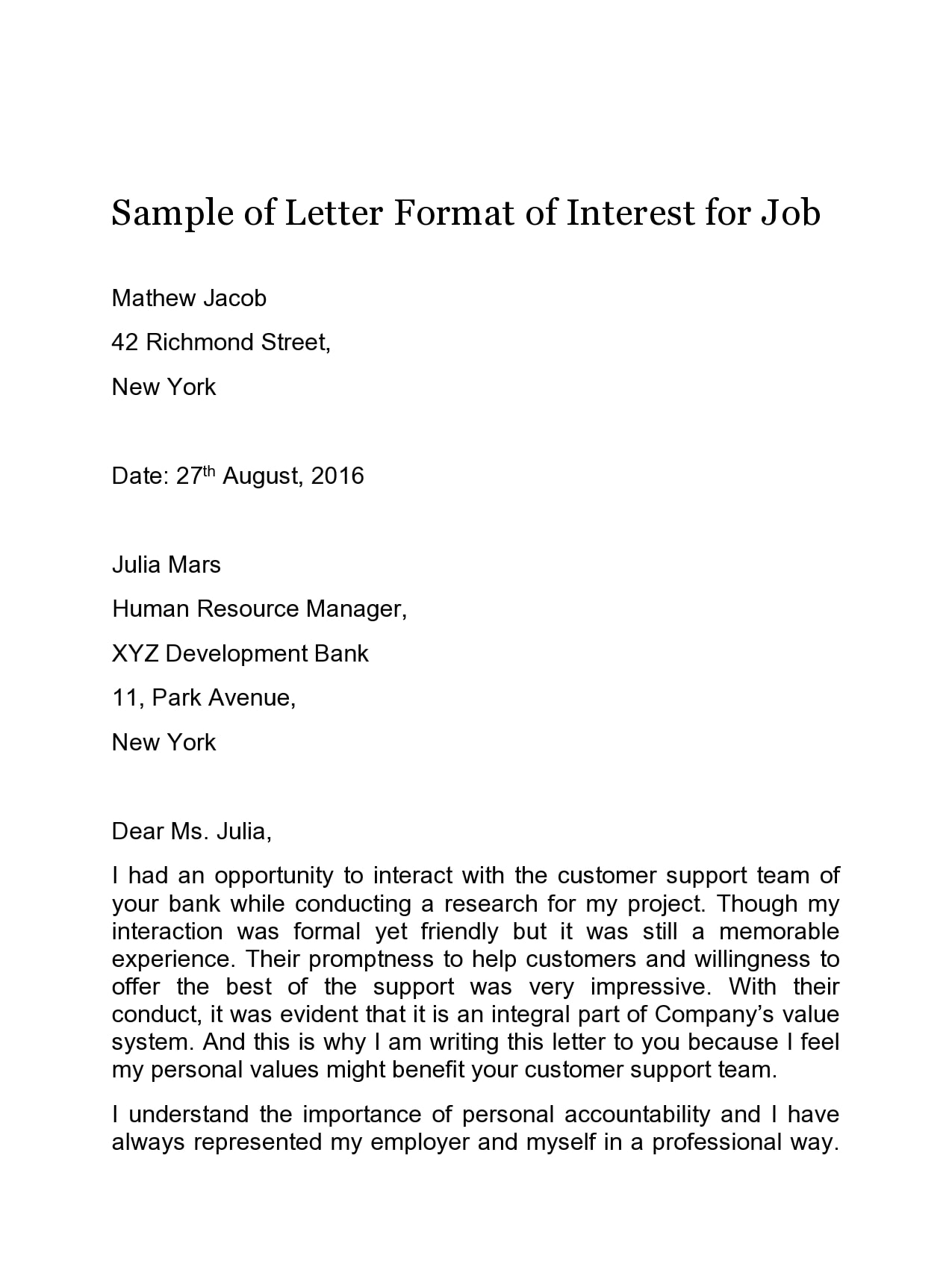 Letter of Interest for a Job Template Sample