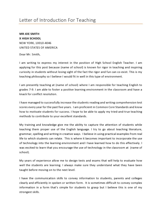 Letter of Introduction for Teacher Example Letter of Introduction for Teacher Example