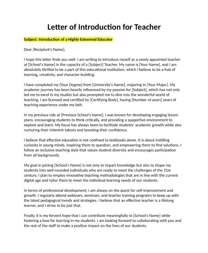 Letter of Introduction for Teacher Sample Letter of Introduction for Teacher Sample