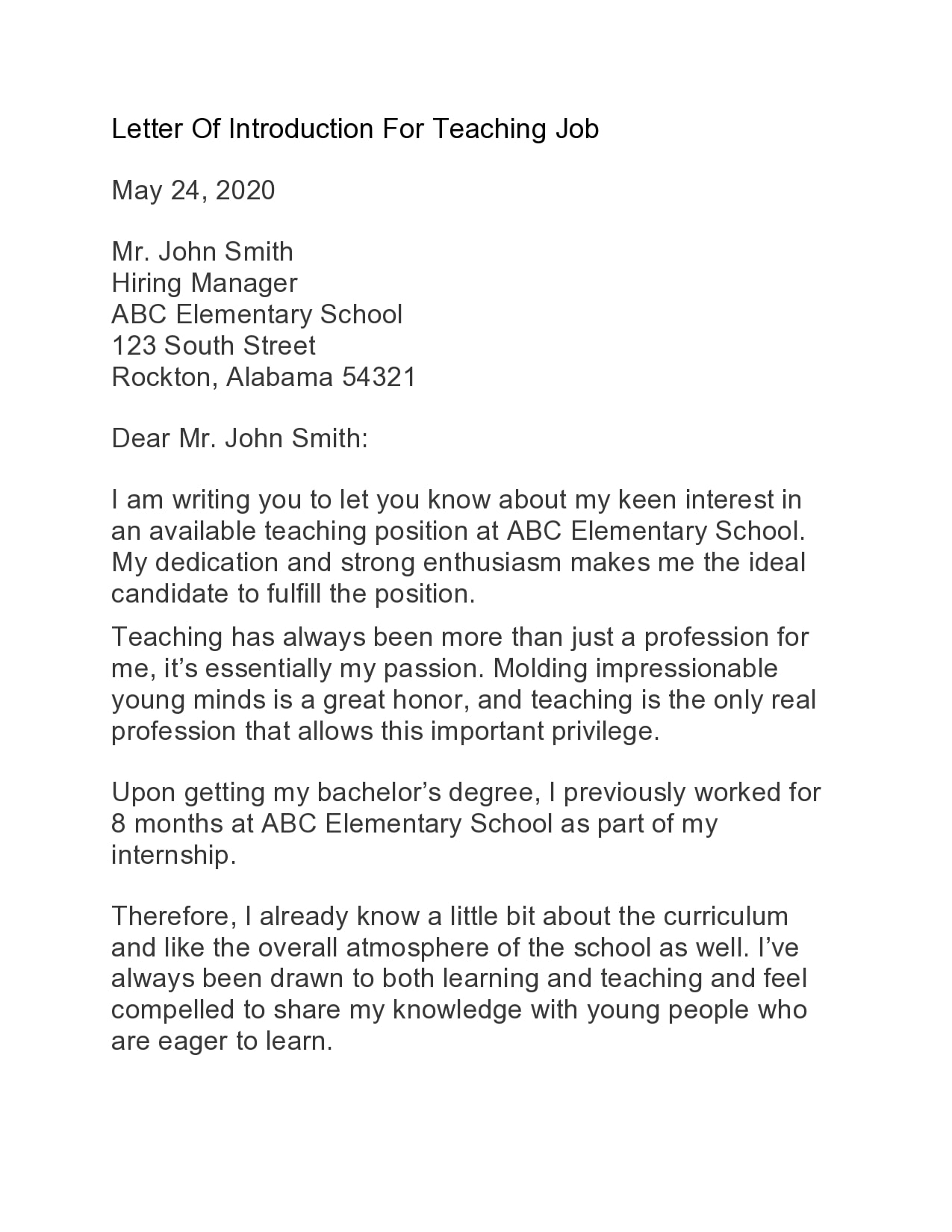 Letter of Introduction for Teacher Letter of Introduction for Teacher
