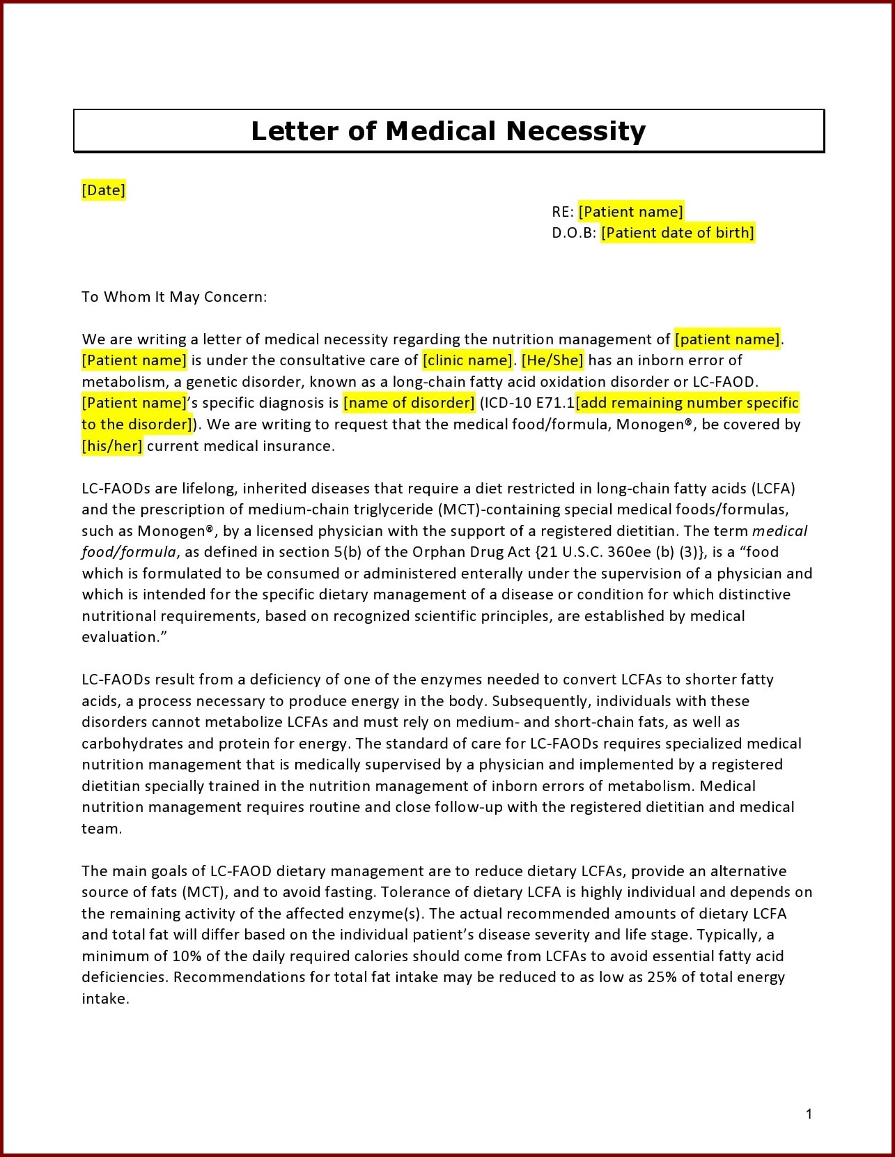 Letter of Medical Necessity Template
