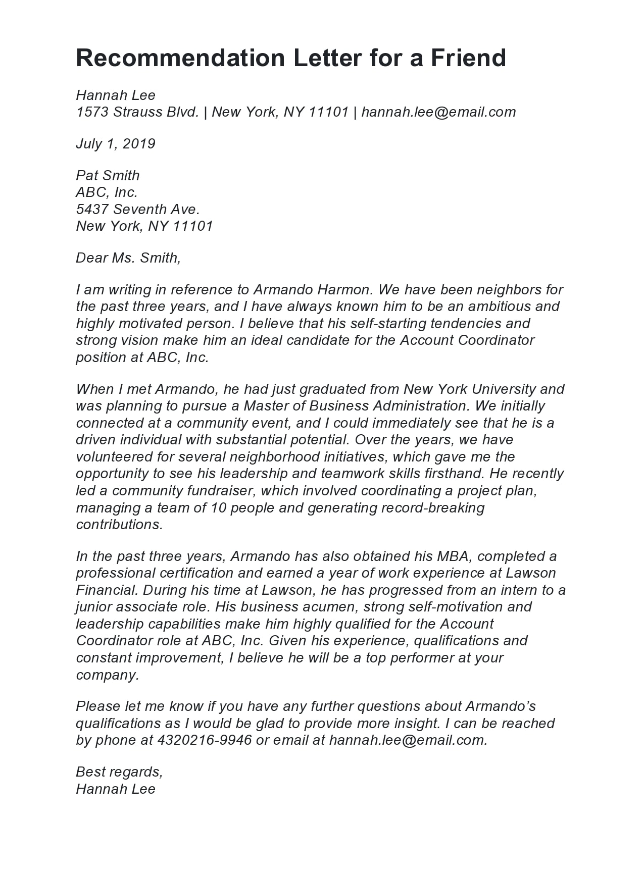 Letter of Recommendation for a Friend Template Example