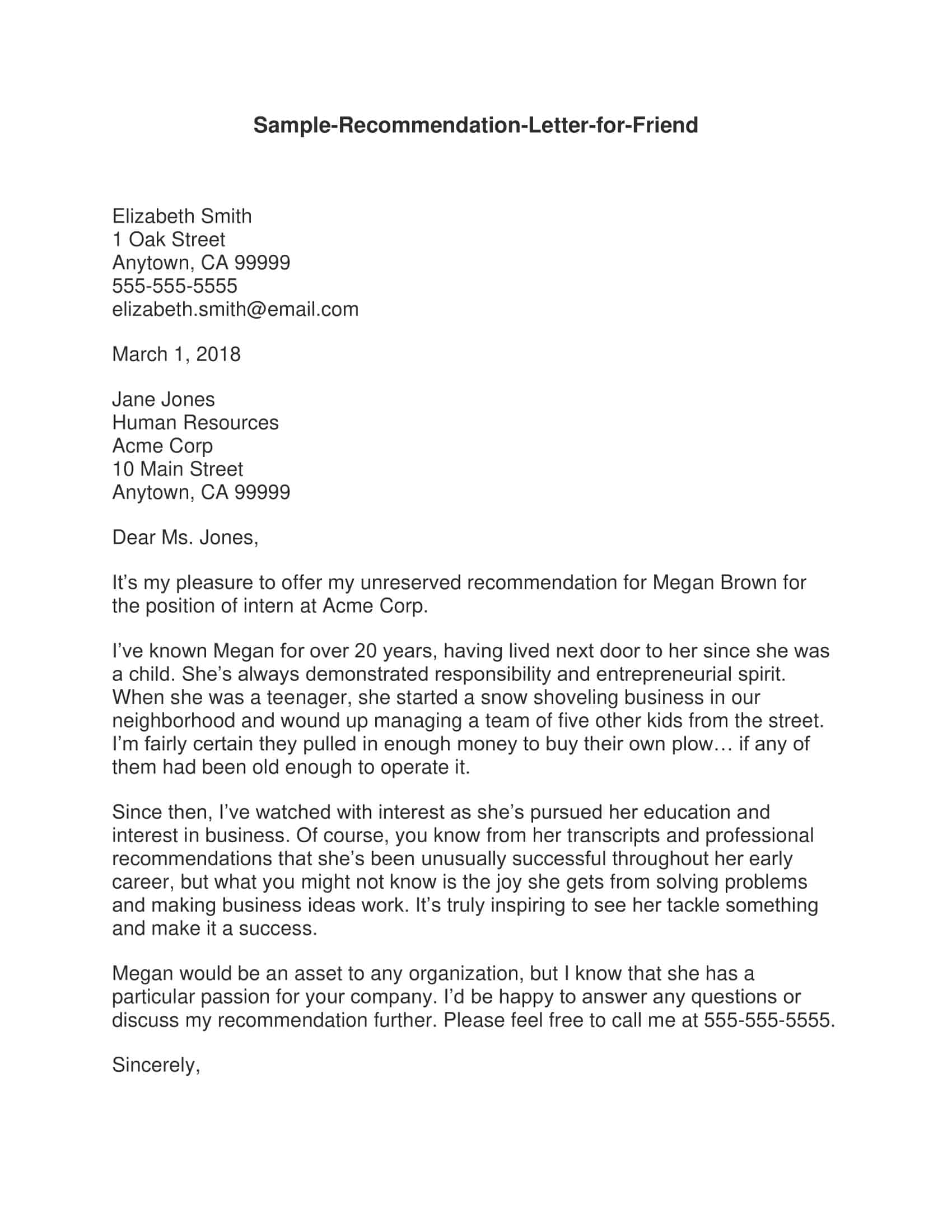 Letter of Recommendation for a Friend Template Sample