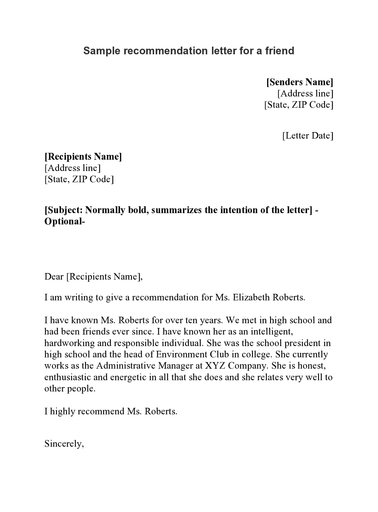 Letter of Recommendation for a Friend Template