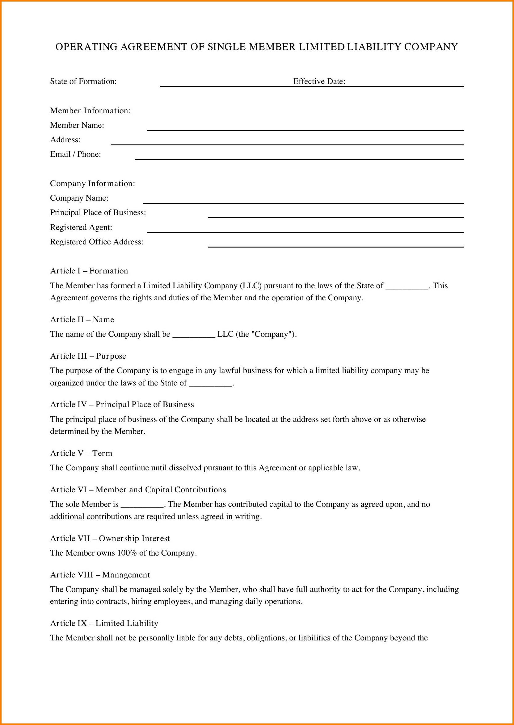 Limited Liability Operating Agreement Template