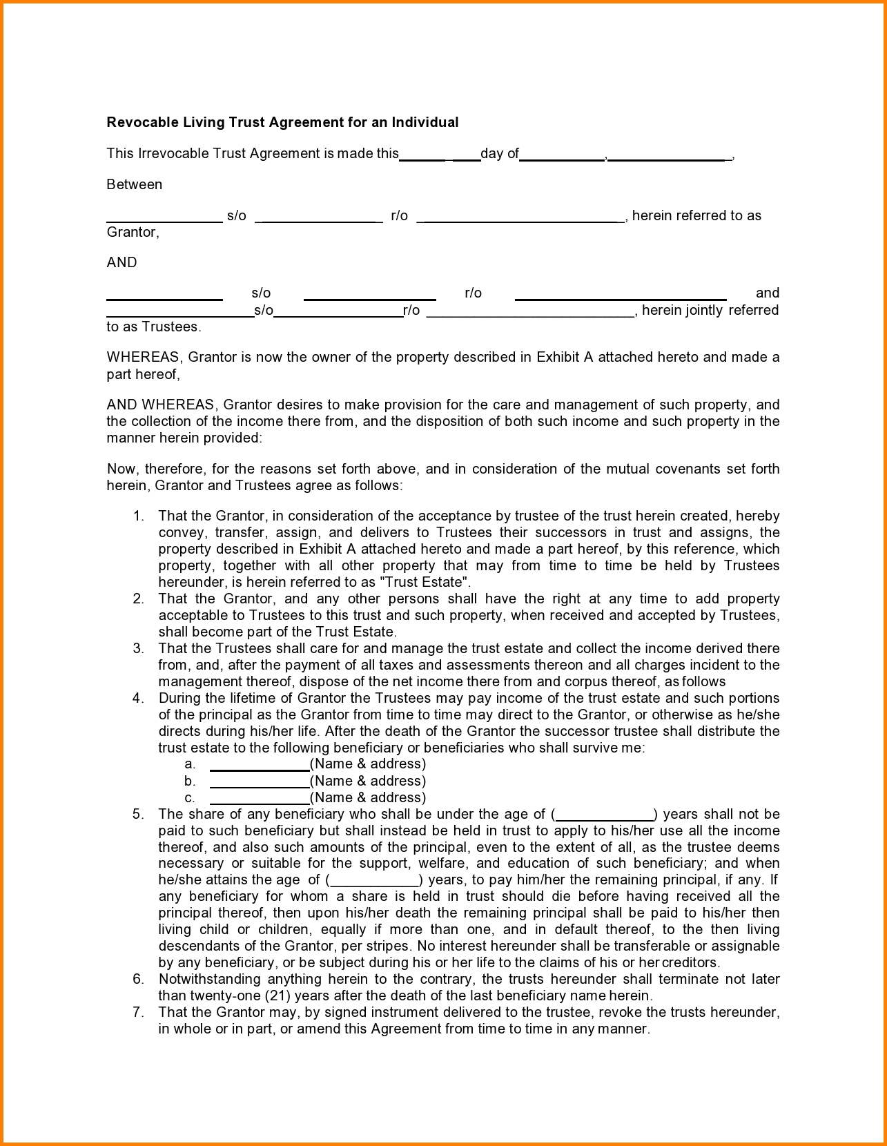 Living Trust Form Sample Living Trust Form Sample