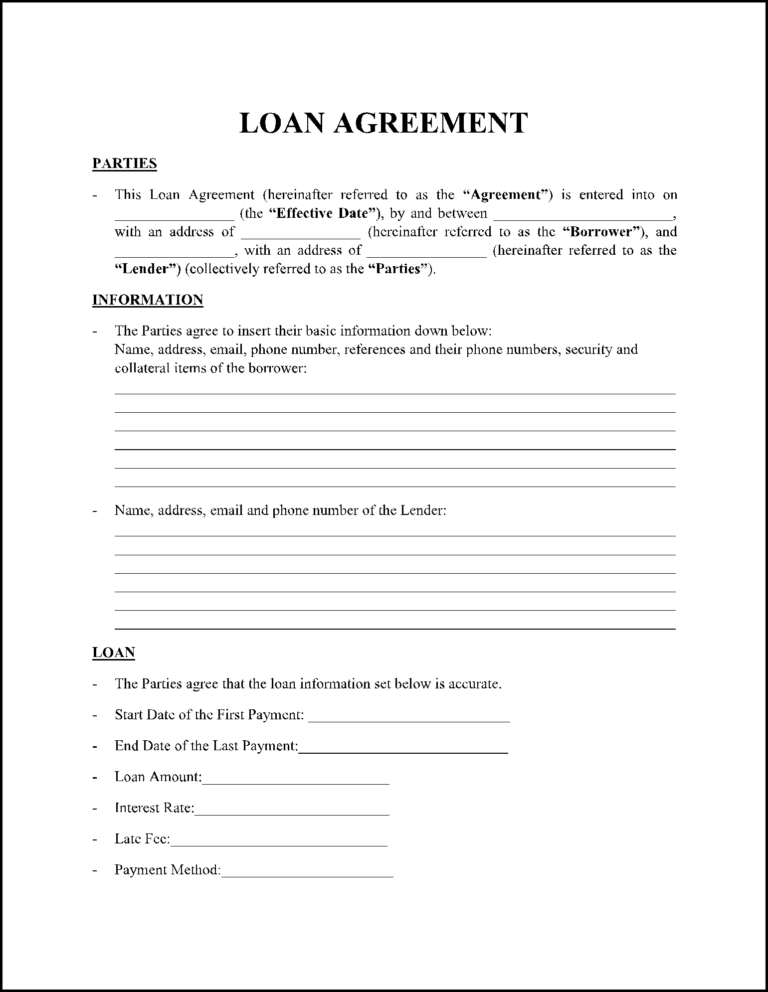 Loan Contract Agreement Template Example
