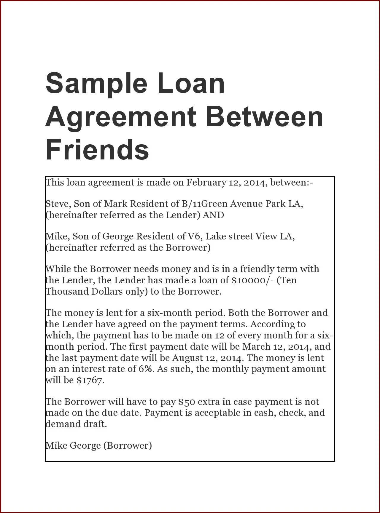 Loan Contract Between Friends Example