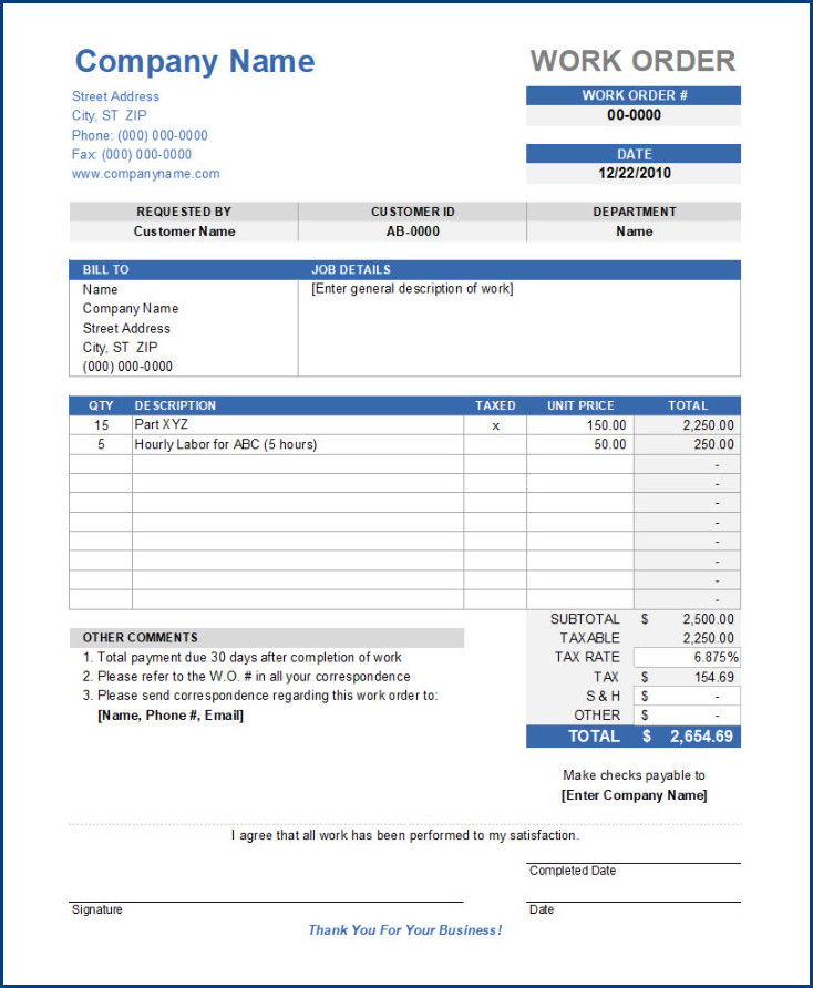 Maintenance Work Order Template Example
