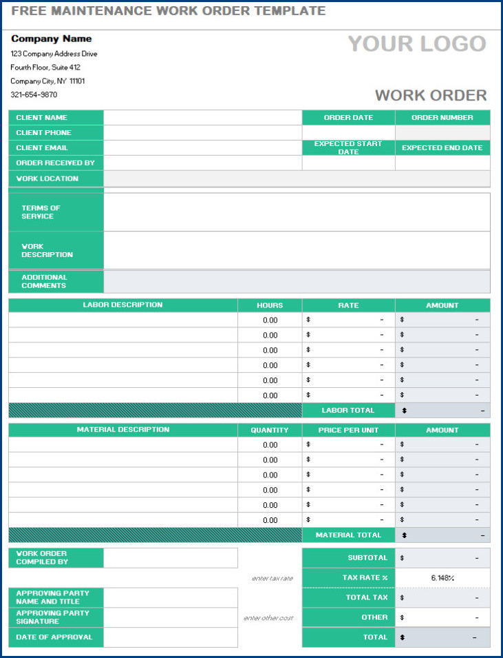 Maintenance Work Order Template Sample