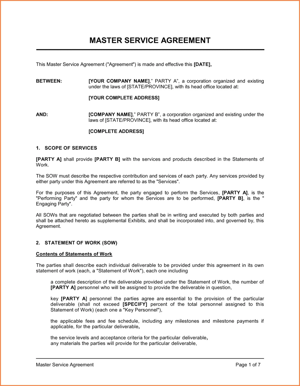Master Service Agreement Template Sample