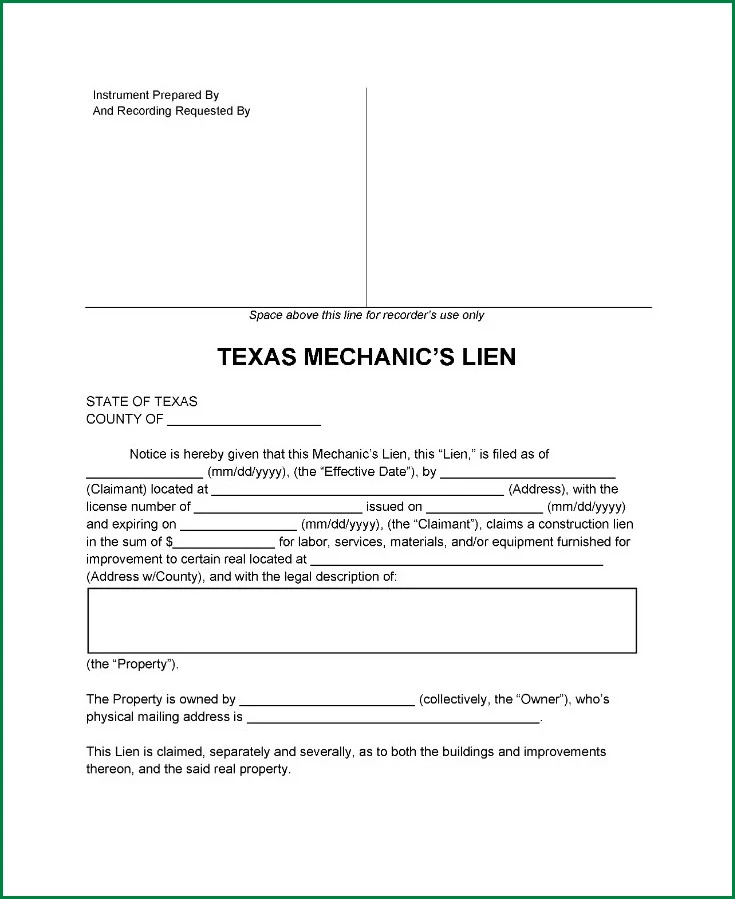 Mechanics Lien Form Sample