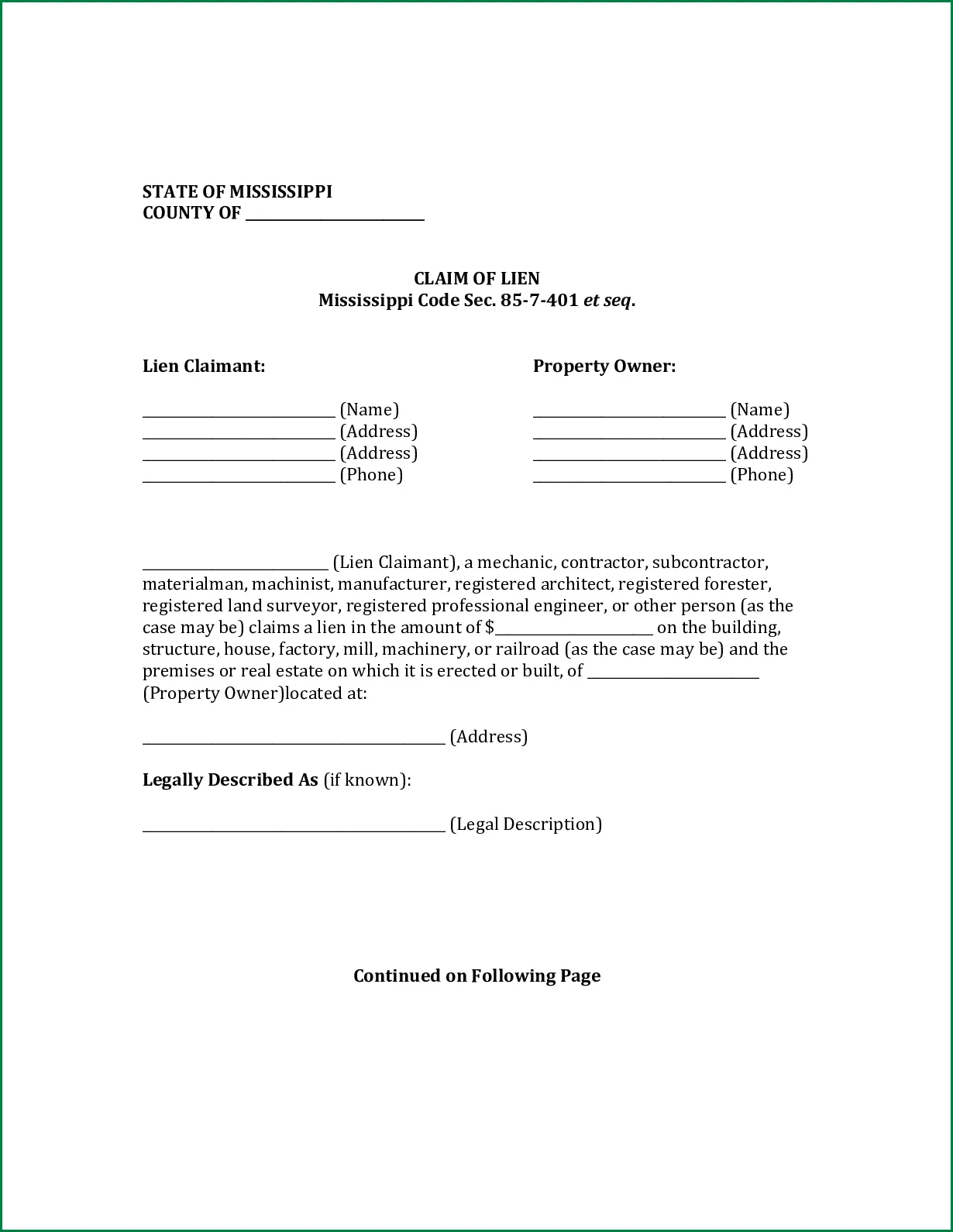 Mechanics Lien Form
