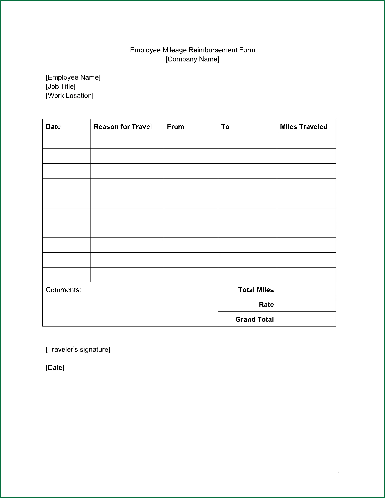 Mileage Reimbursement Form Sample