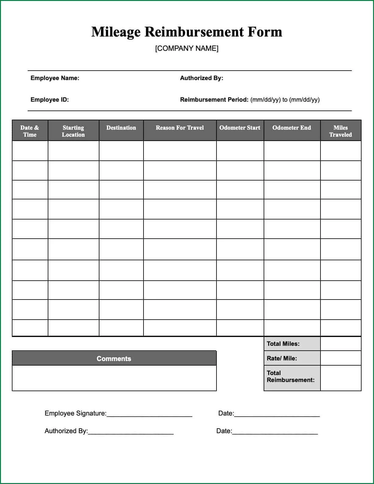 Mileage Reimbursement Form