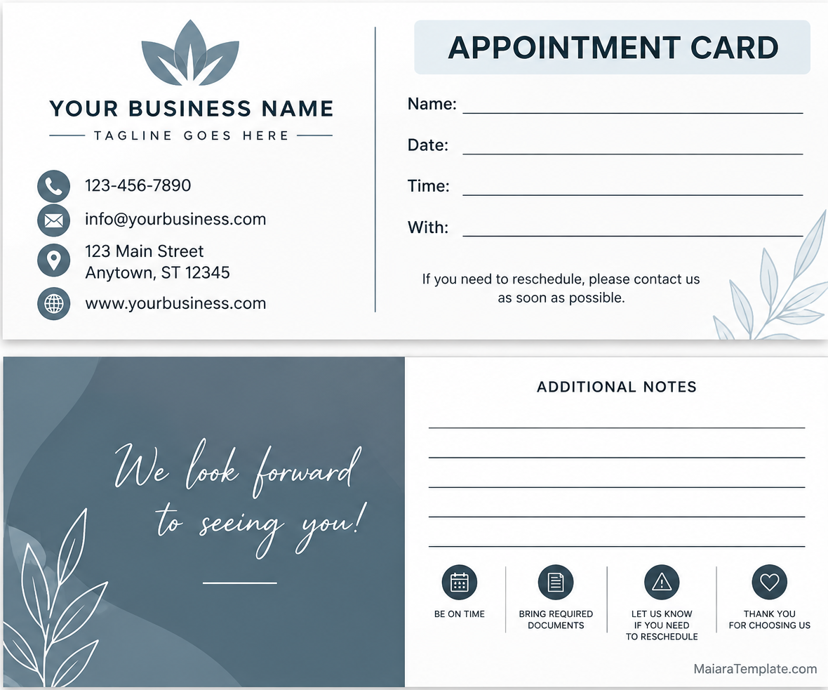 Minimalist Appointment Card Templates Sample appointment card design with business contact details, client name, appointment date, time, provider, rescheduling reminder, and additional notes.