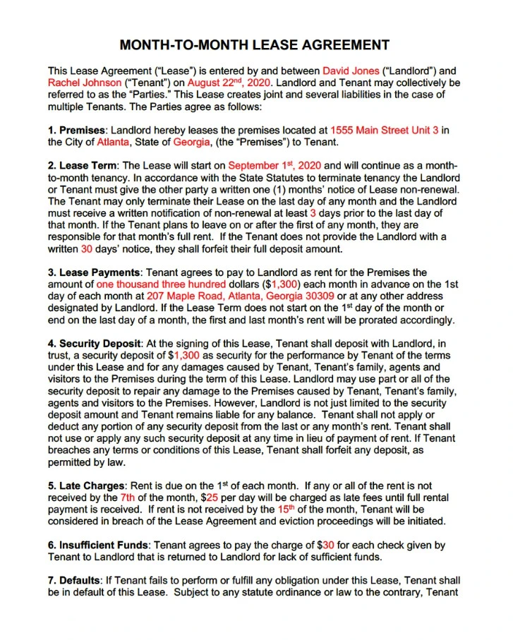 Month-to-month Lease Agreement Template Sample