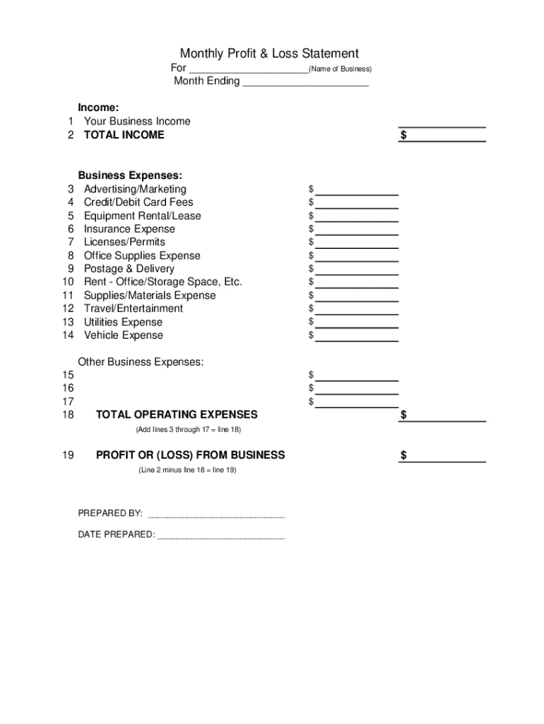 Monthly Profit And Loss Statement Template Sample