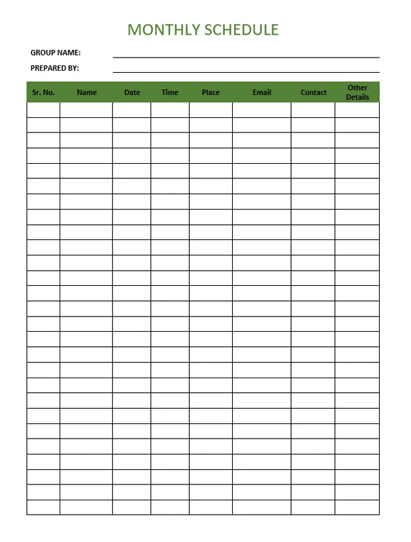 Monthly Schedule Template Sample