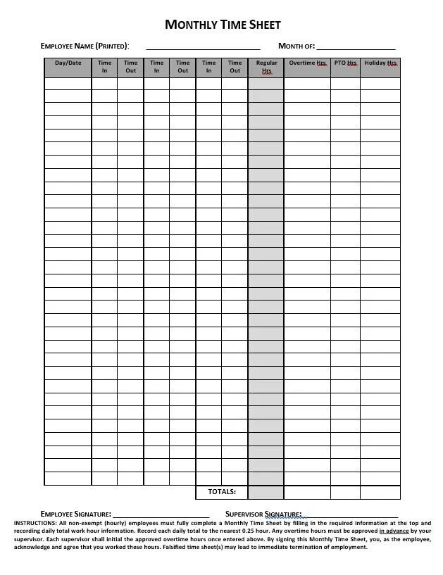 Monthly Timesheet Template Example