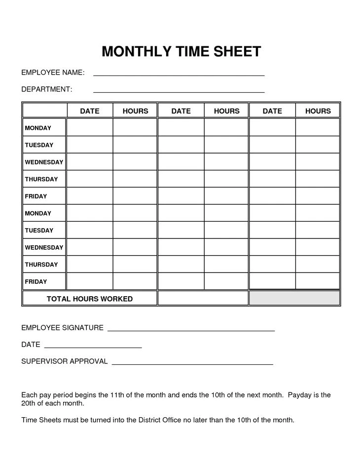 Monthly Timesheet Template Sample