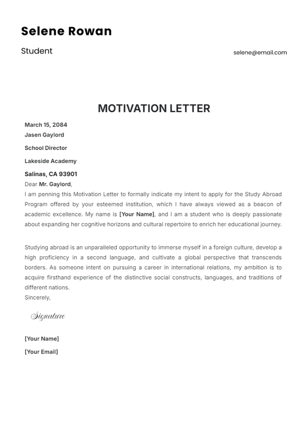 Motivation Letter Template Example