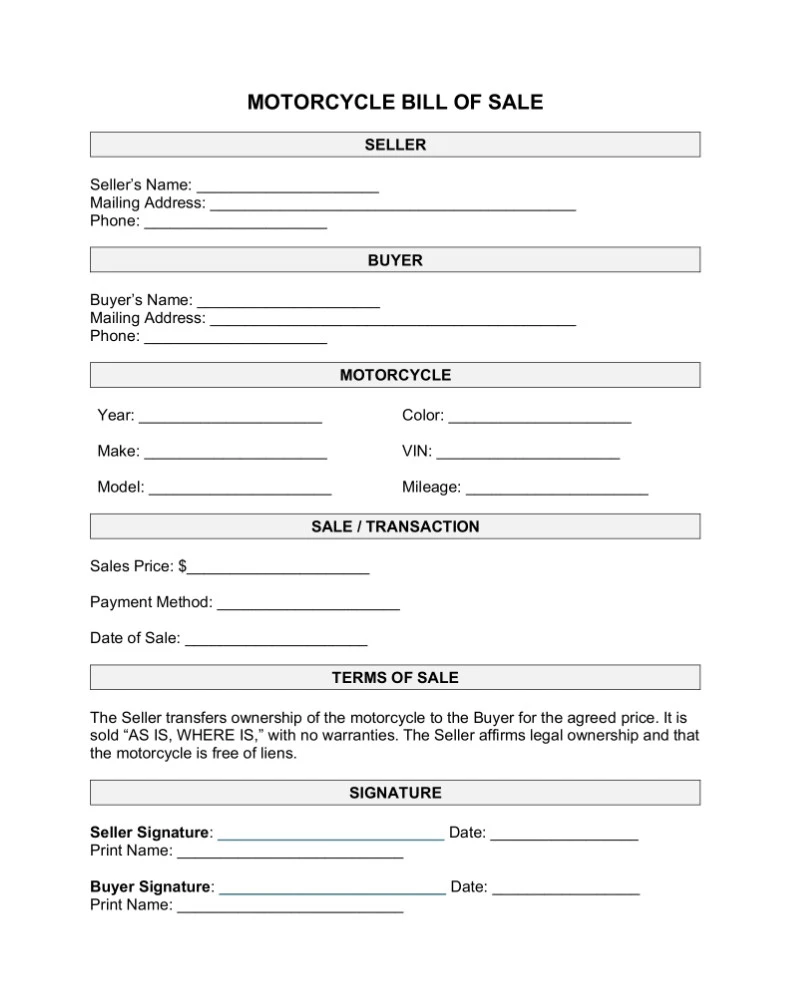 Motorcycle Bill of Sale Template Motorcycle Bill of Sale Template Word