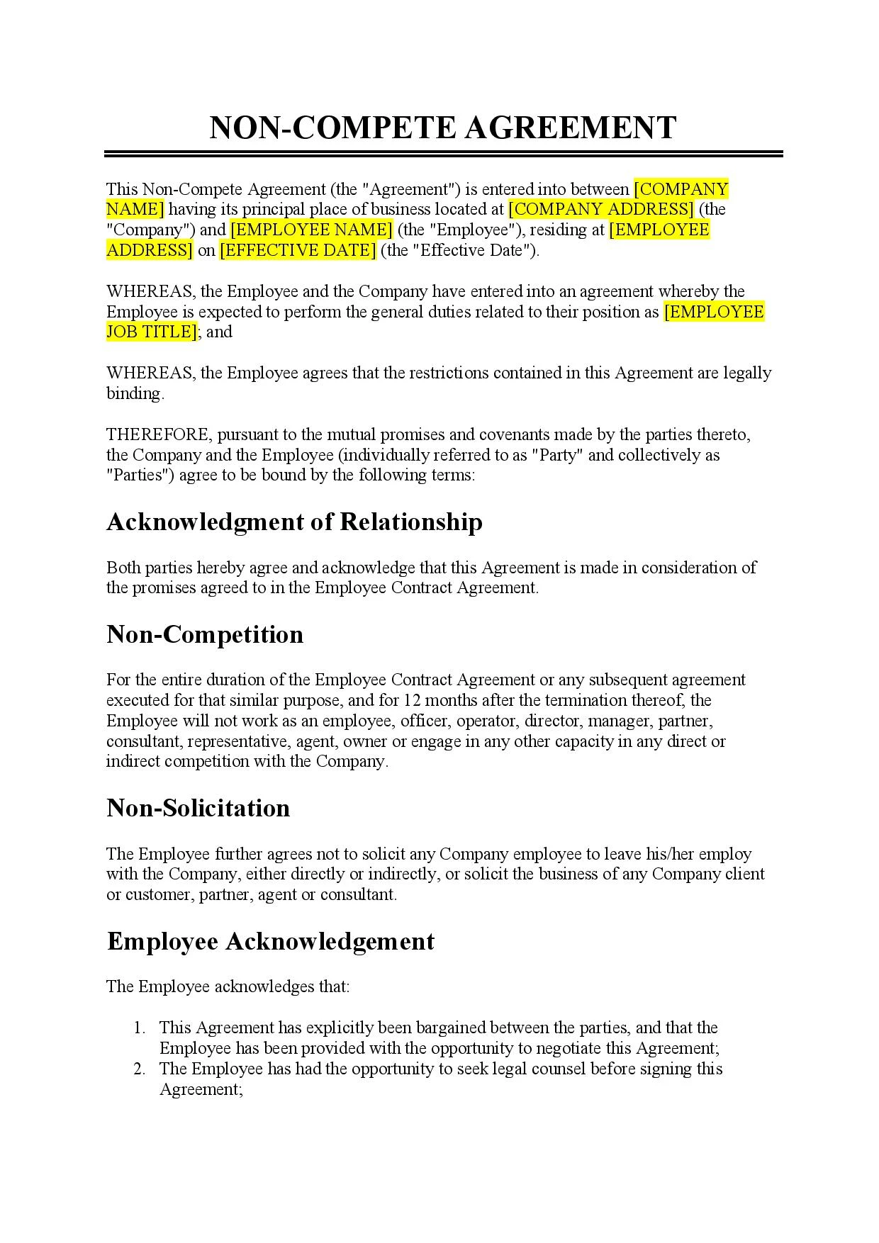Non competition Agreement Template Non competition Agreement Template Word