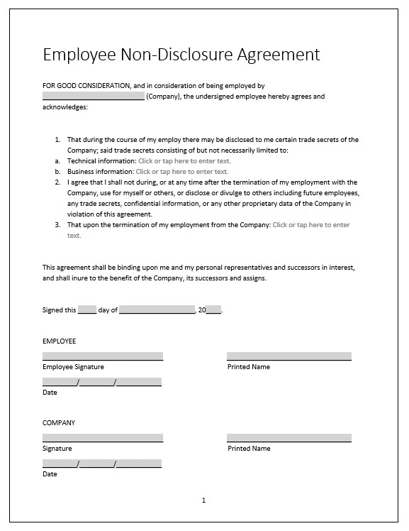 Non disclosure Agreement Template for Employees Non disclosure Agreement Template for Employees