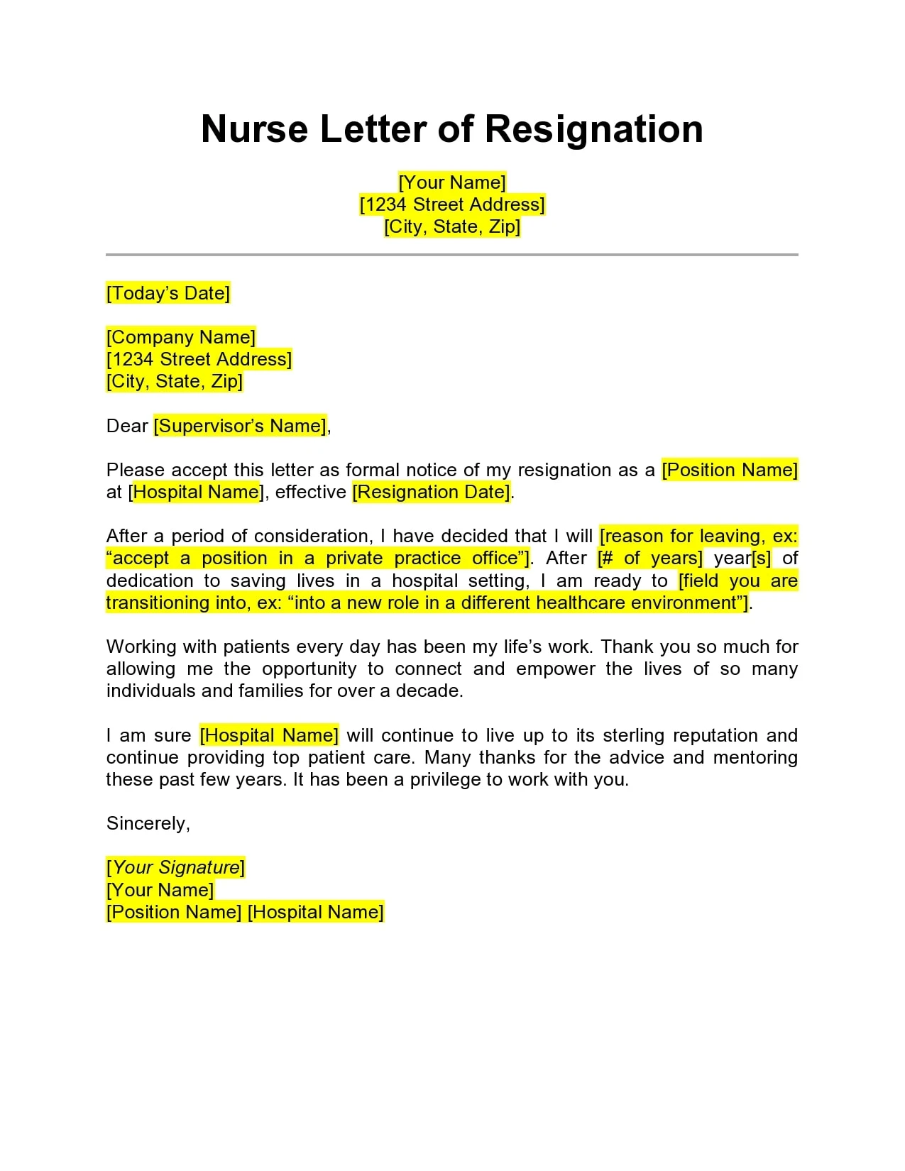 Free Nursing Resignation Letter Template Word
