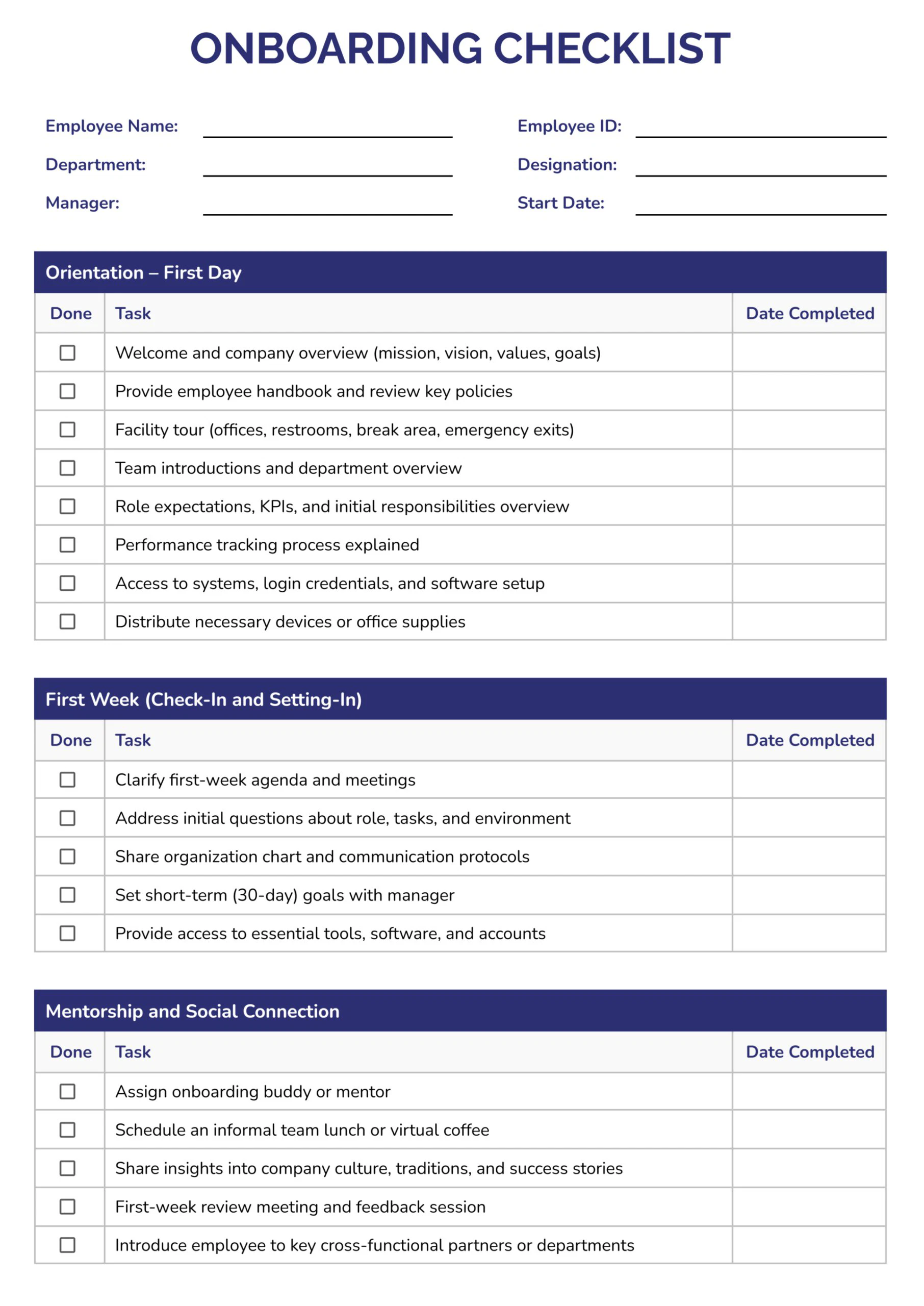 Onboarding Checklist Template Onboarding Checklist Template