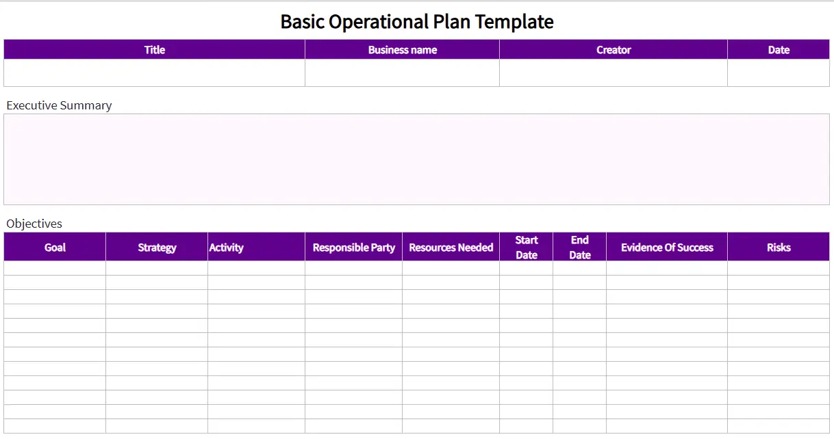 Operating Plan Template Example Operating Plan Template Example