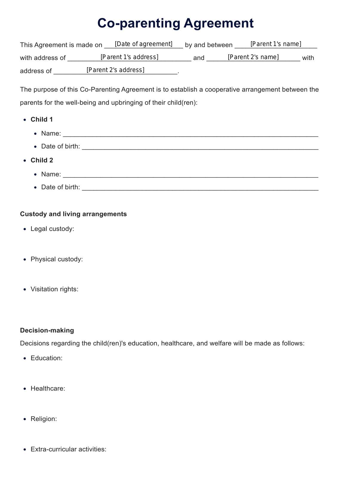 Parenting Agreement Template Example Parenting Agreement Template Example