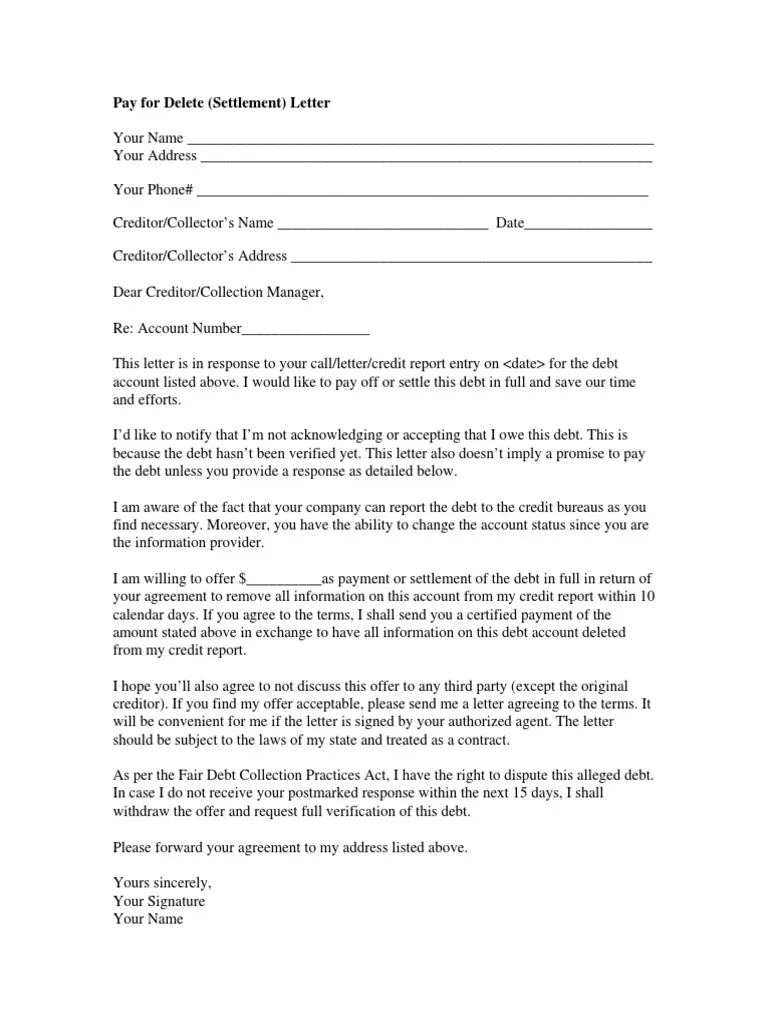 Pay-for-Delete Letter Template Sample Pay-for-Delete Letter Template Sample