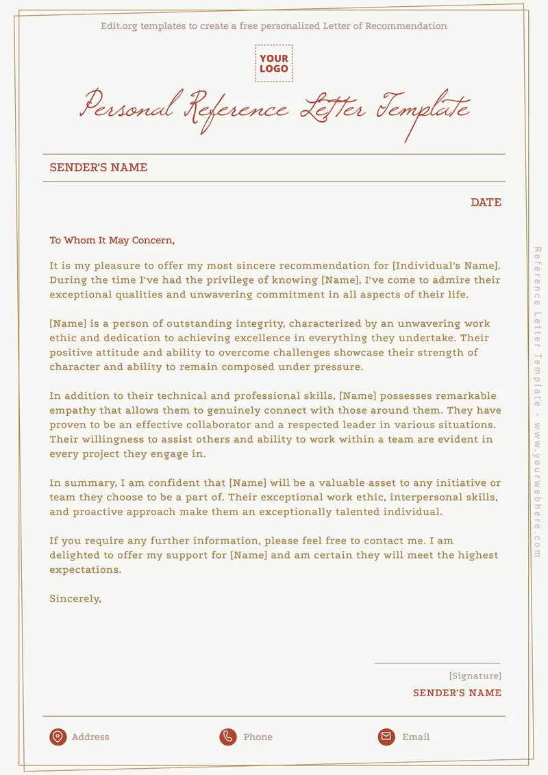 Personal Letter of Recommendation Template Example Personal Letter of Recommendation Template Example
