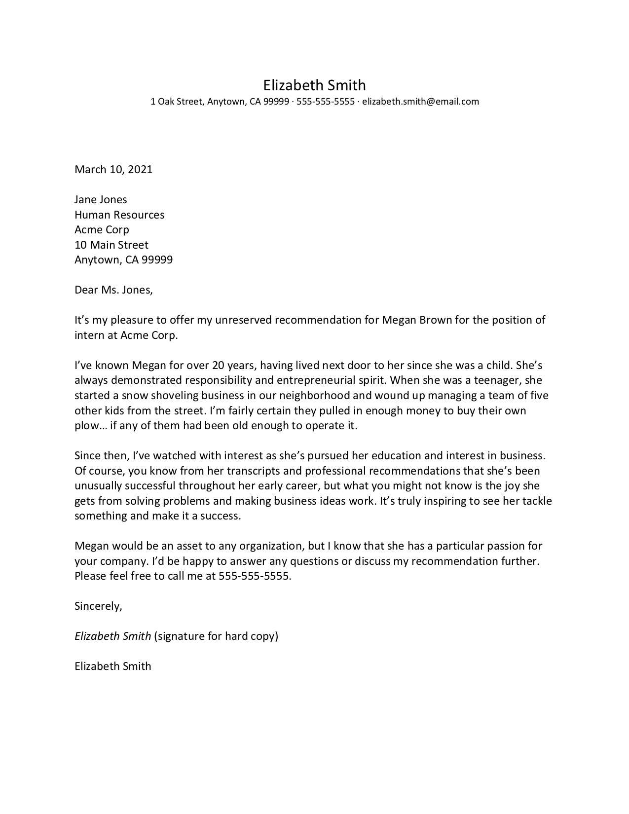 Personal Letter of Recommendation Template Sample Personal Letter of Recommendation Template Sample